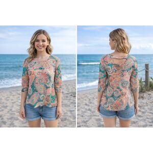 New Directions Petite Sm Sheer Mesh Pastel Floral Blouse Easy Flowy Comfort Top